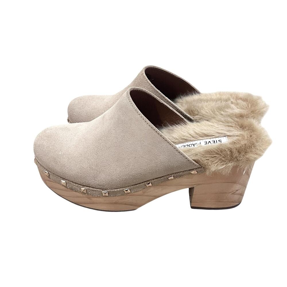 Steve Madden Brooklyn Clog Shoes Womens Size 7.5 Beige Faux Fur Lined Studded